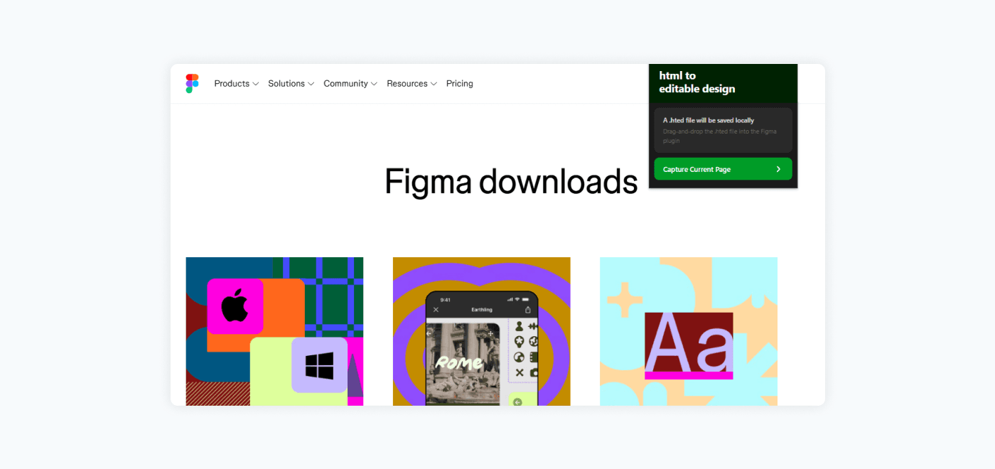 Browser extension capturing a page and the resulting .hted file imported in Figma