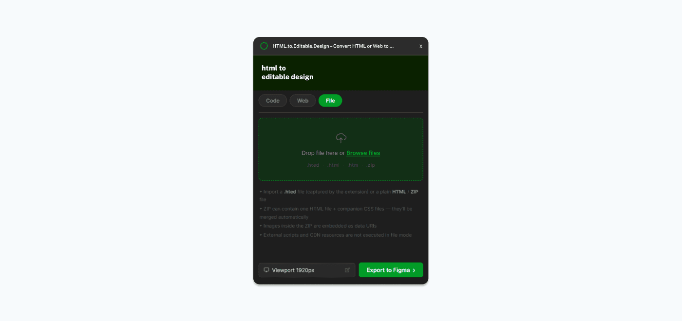 File tab with drop zone for uploading local HTML or ZIP files