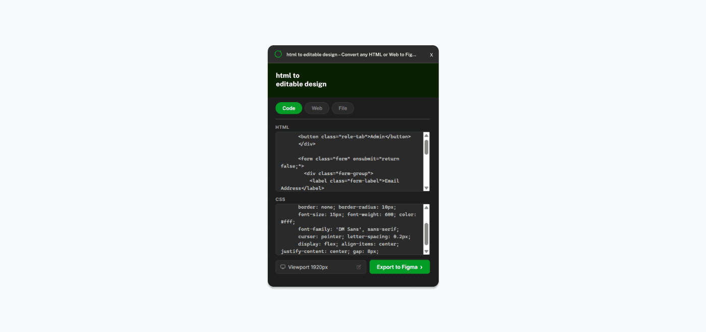 Code tab with HTML and CSS pasted in the editor