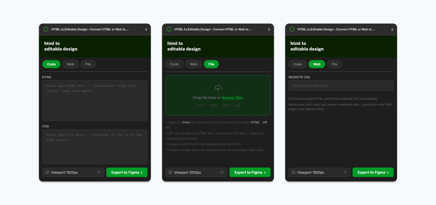 Plugin UI showing the three input tabs: Code, Web, and File