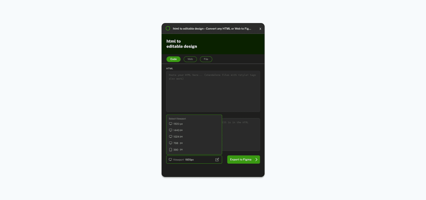 Viewport dropdown with five preset sizes