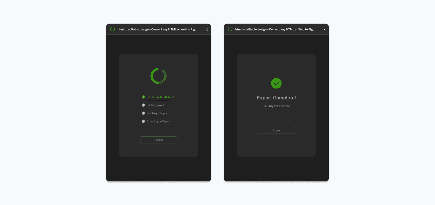Loading screen showing export progress steps